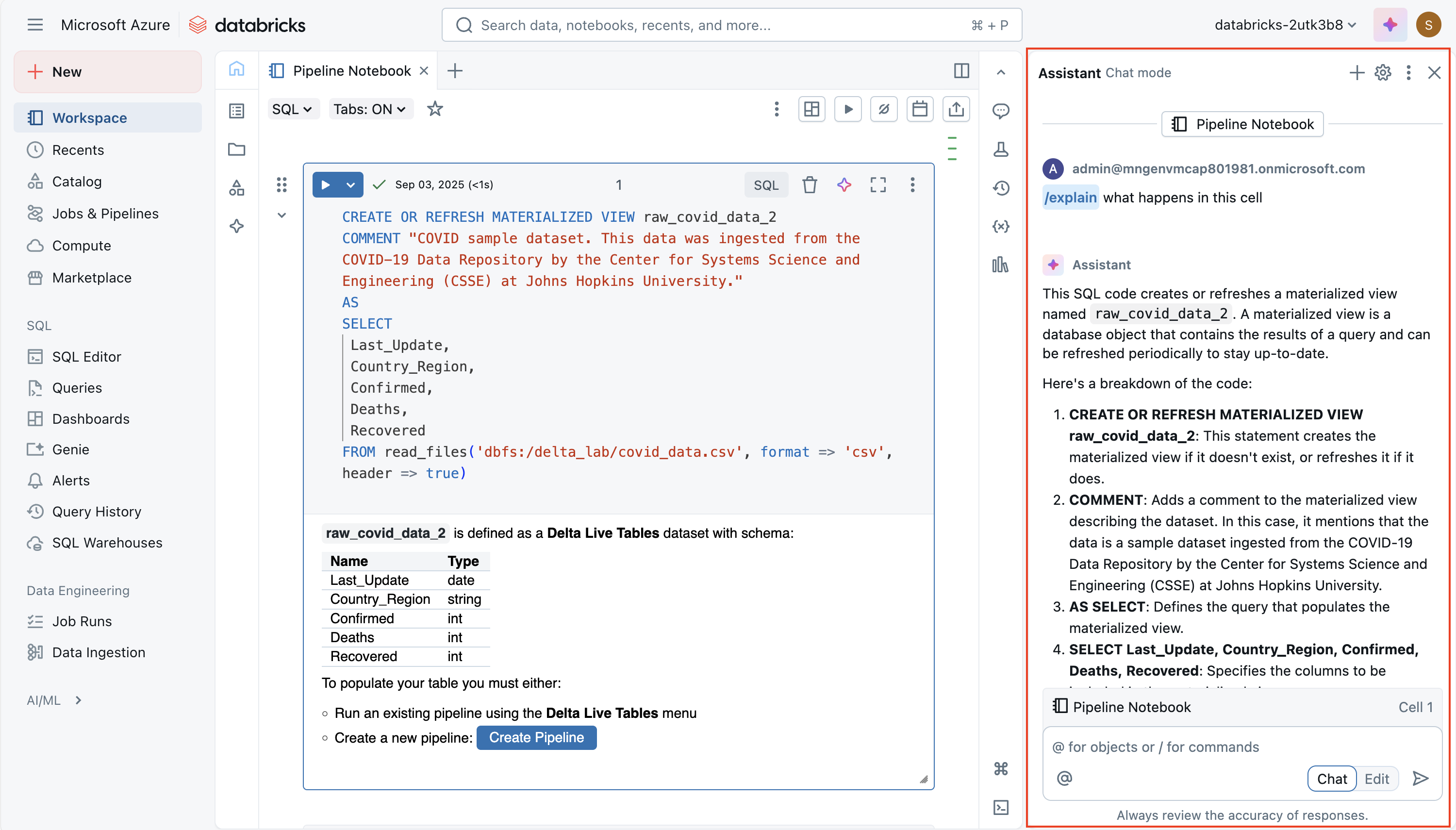 A screenshot of the AI Assistant in an Azure Databricks Notebook.