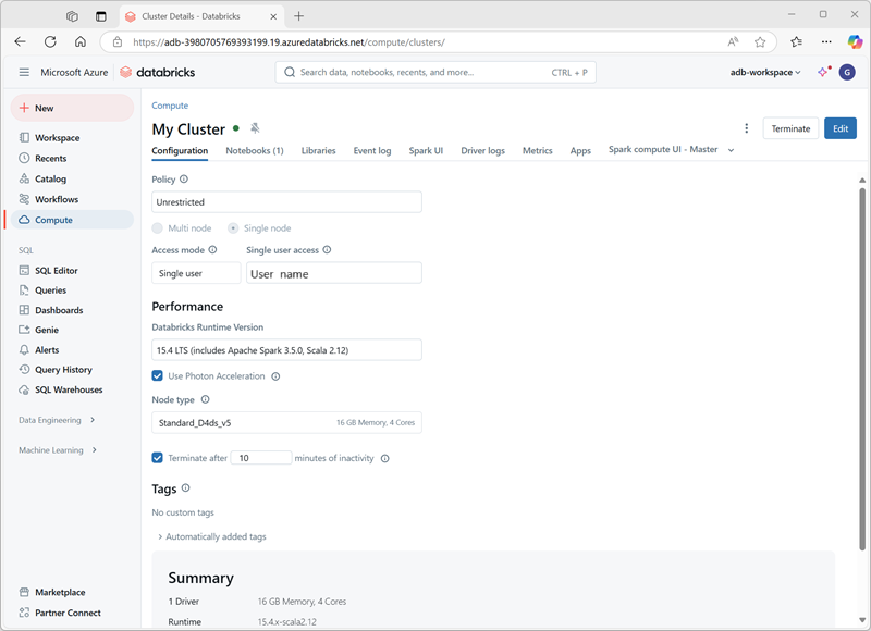 Screenshot of the Create Cluster interface in the Azure Databricks Workspace UI.