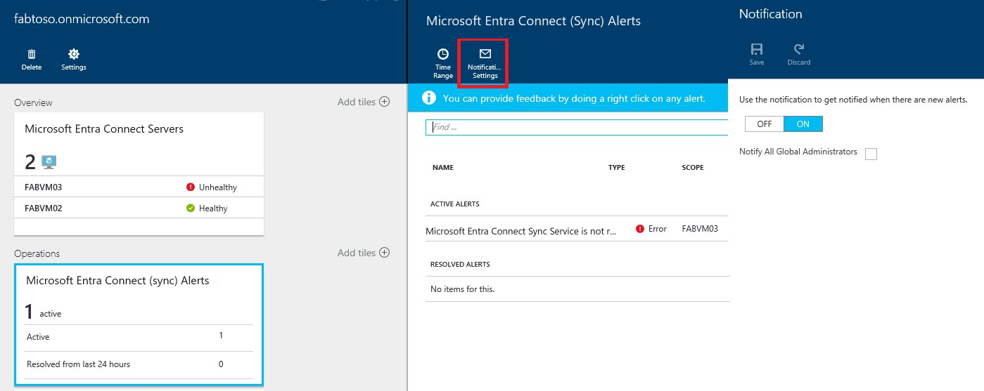 Screenshot of Microsoft Entra Connect Health email notification settings. Enter your admin's email.