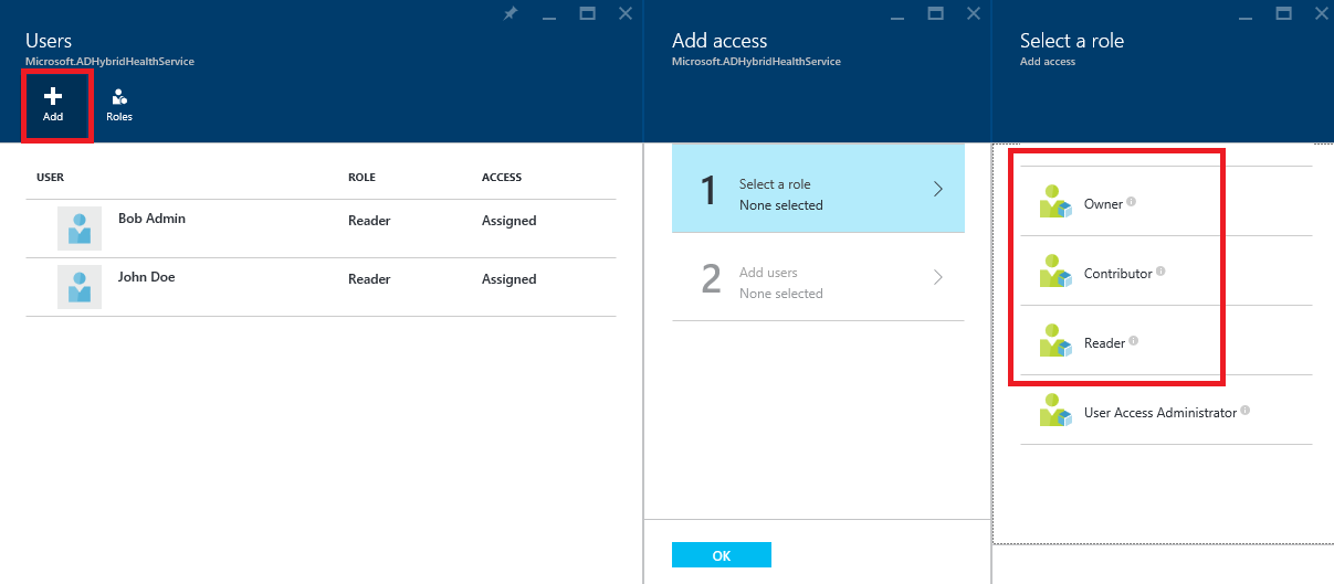 Screenshot of Microsoft Entra Connect Health and Azure RBAC configure menu.