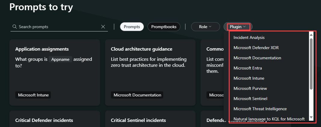 Screen capture showing the Copilot landing page with the plugin filter drop-down menu shown.