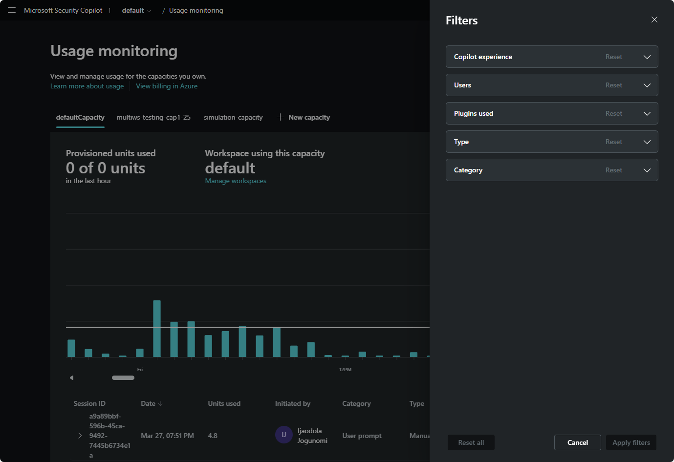 Screen capture showing the usage monitoring filters.