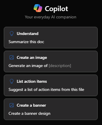 Screenshot of the Copilot panel in Word upon first opening.