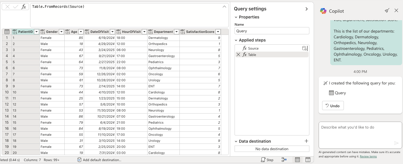 Screenshot of a Dataflow gen2 table generated using Copilot.
