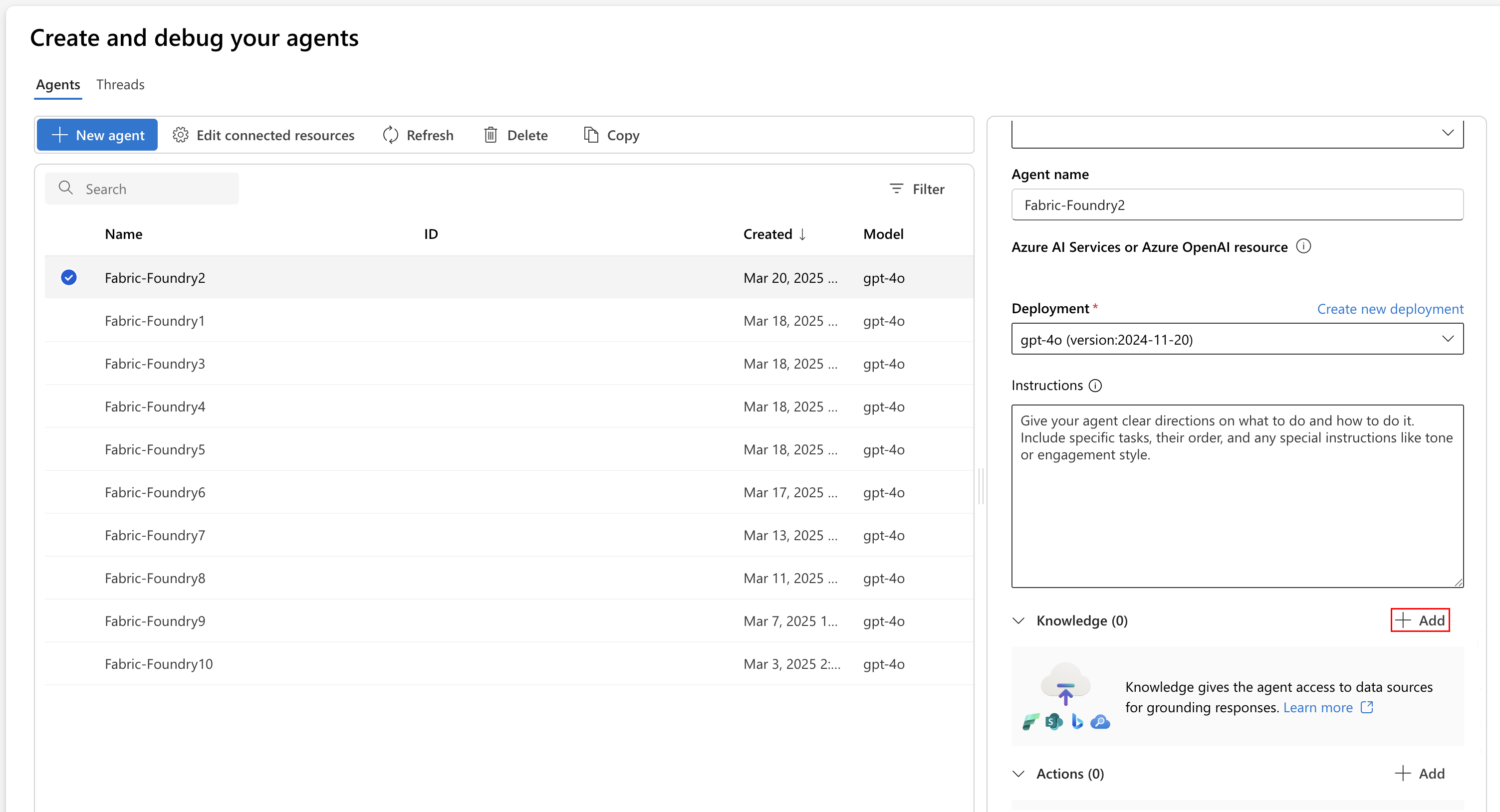 Screenshot of selecting the add knowledge button in Microsoft Foundry agent.