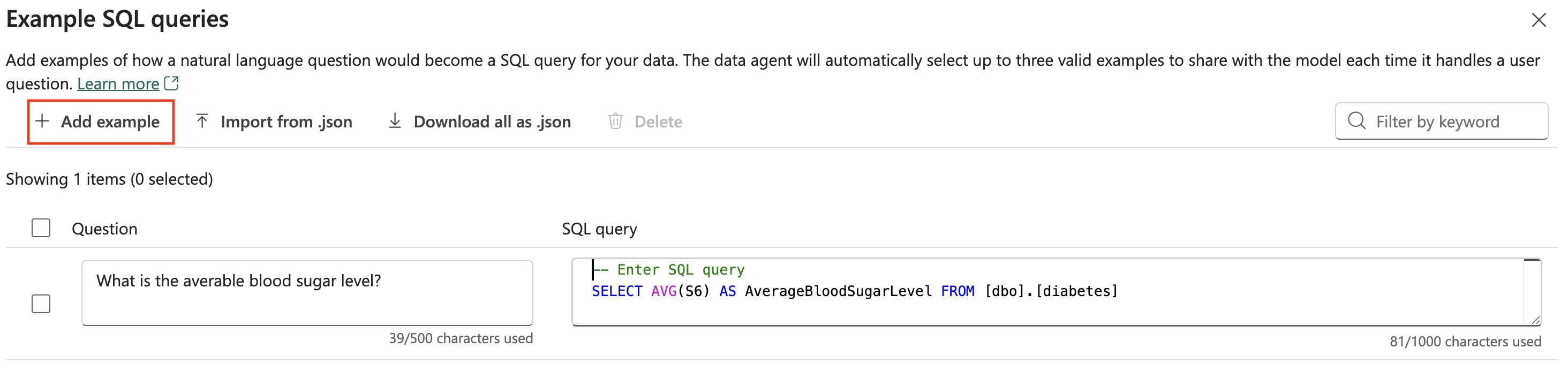 Screenshot of adding example queries in a Fabric data agent.