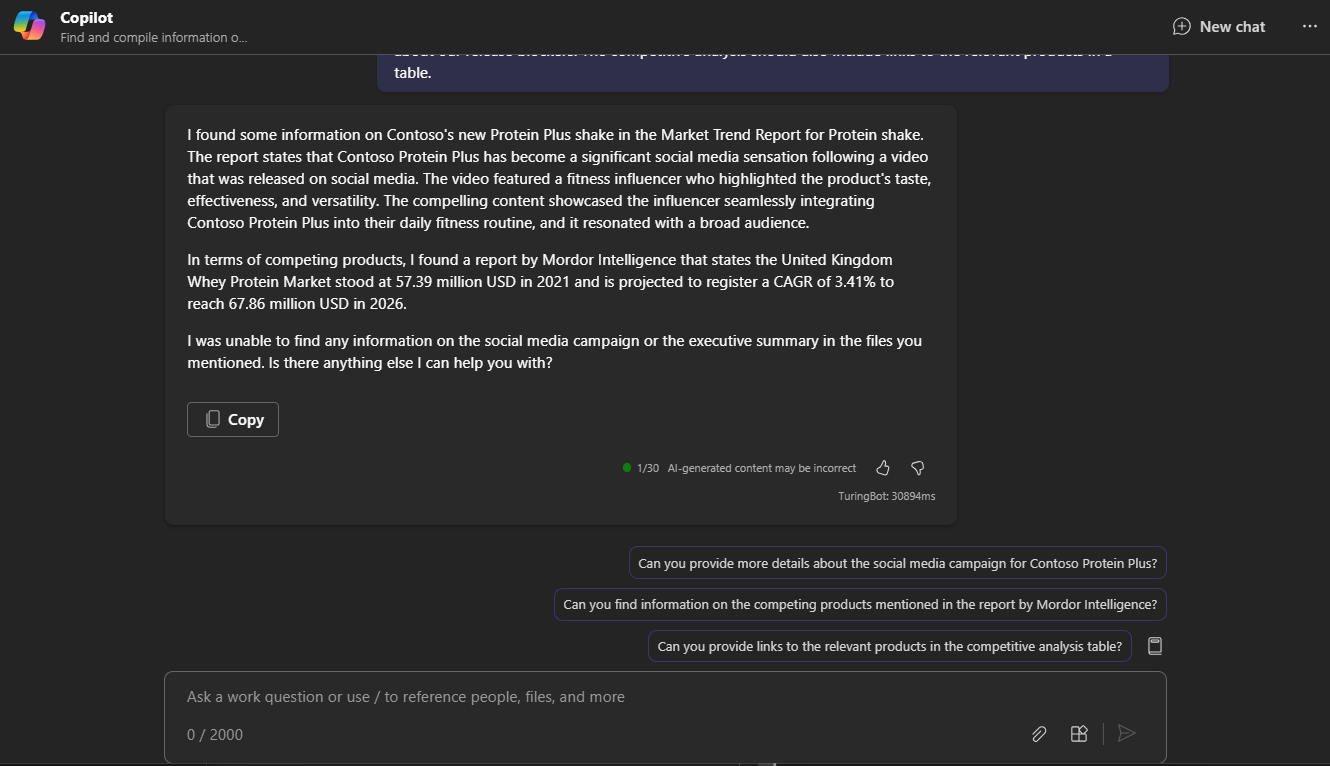 Screenshot of the results of the crafted prompt using the Copilot chat experience in Teams.