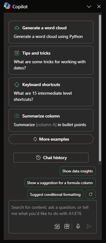Screenshot of the Copilot panel in Excel upon first opening.