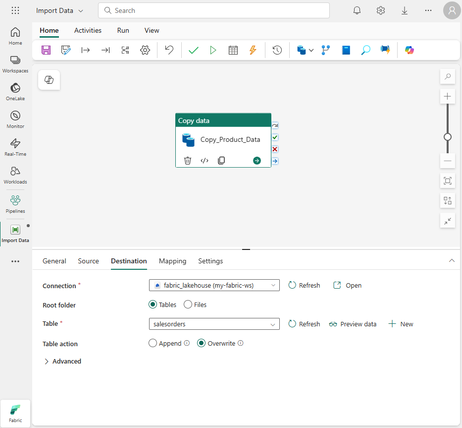 Screenshot of a Copy Data activity in Microsoft Fabric.