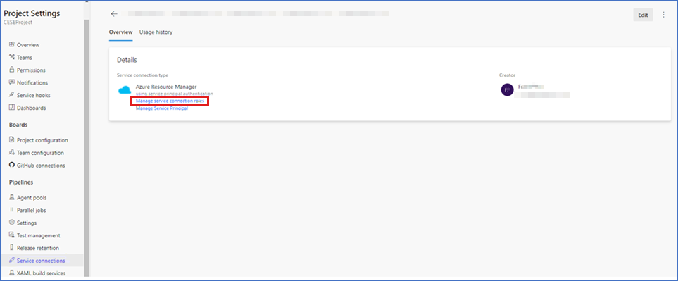 Screenshot of a service connection type example.