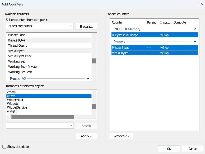 Screenshot of the Add Counters window.