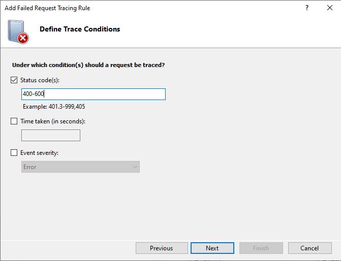 Screenshot of the Define Trace Conditions page.