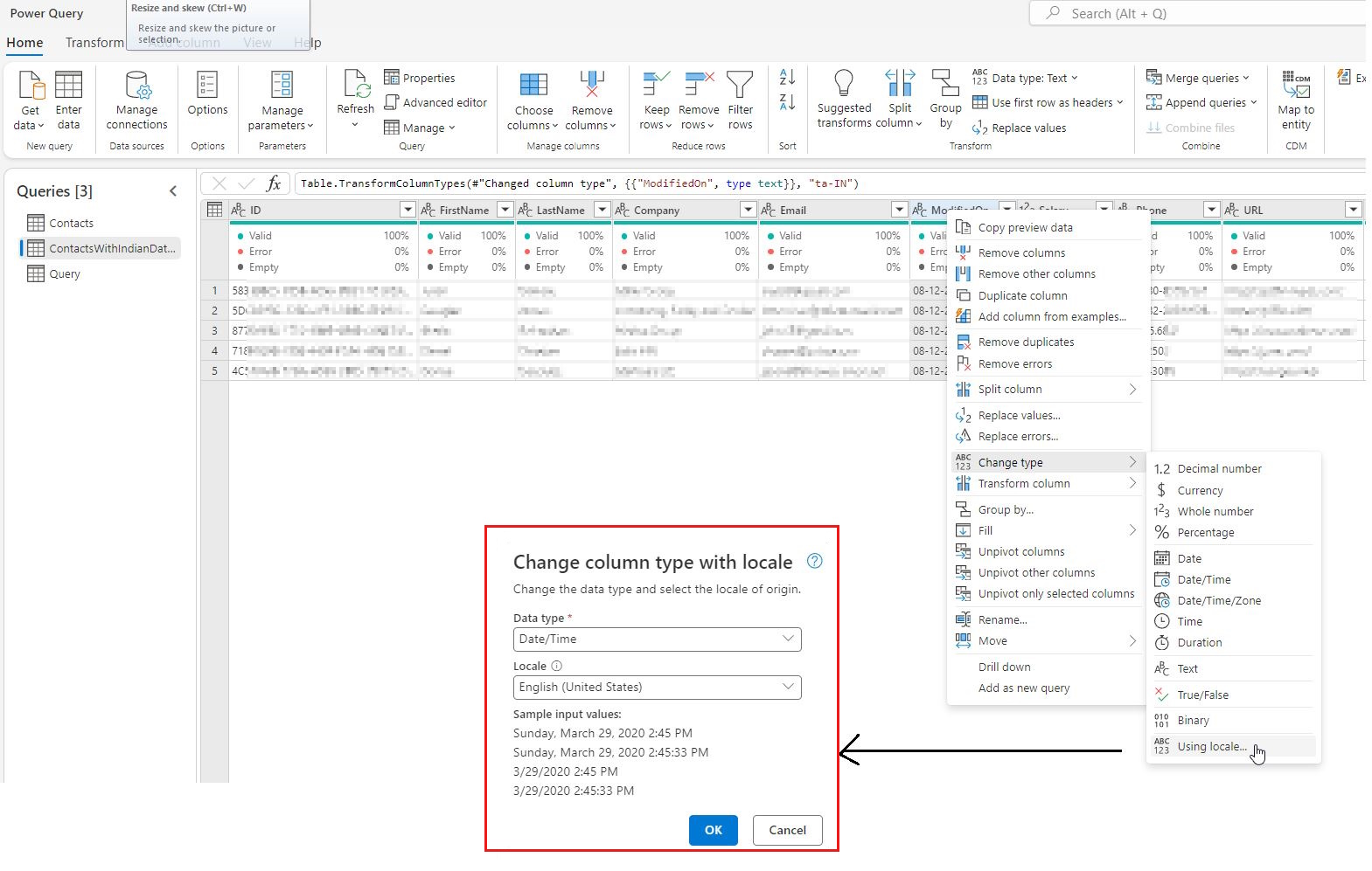 Screenshot that shows how to change data type with locale in Power Query.