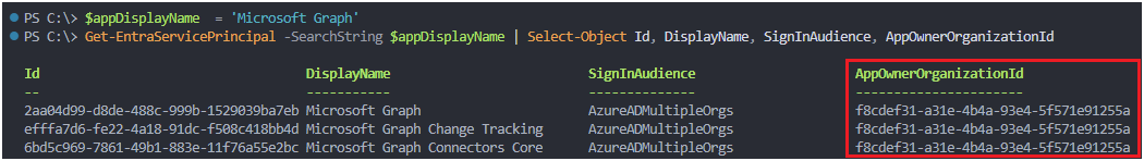 Screenshot of the output of a request to show the Microsoft Entra service principal via Microsoft Entra PowerShell.