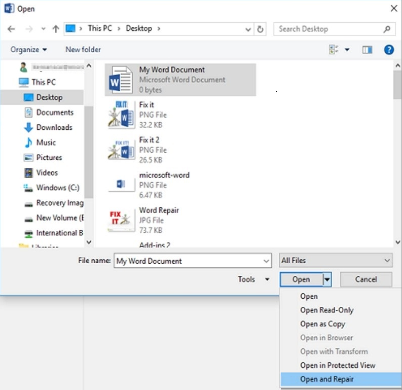 Screenshot of the Open and Repair option.