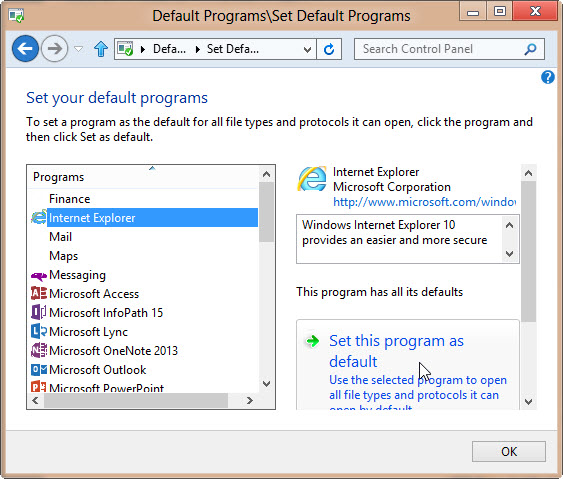 Screenshot of the Set Default Programs window when you select Internet Explorer in the programs list.