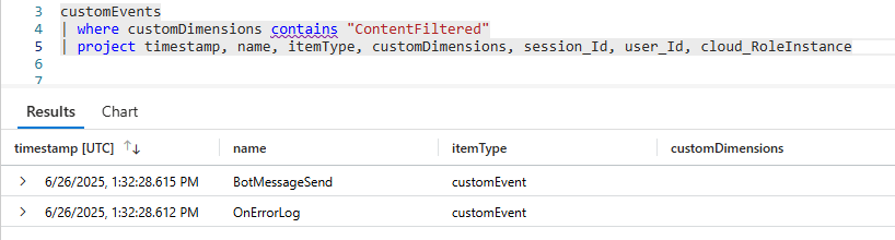Screenshot of an Azure Application Insights table filtered by a KQL query to determine if there were RAI exceptions.
