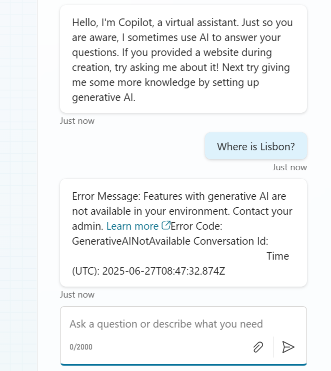 Screenshot of a chat window displaying the GenerativeAINotAvailable error code.