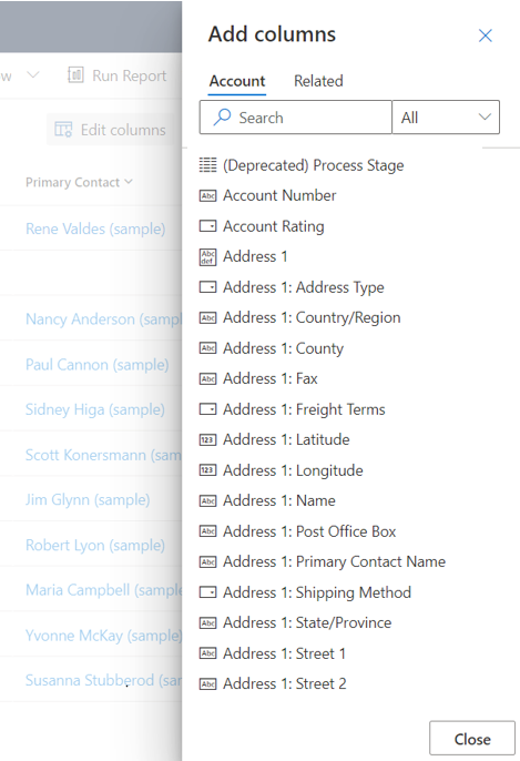 Screenshot that shows an example of the Add columns list in the column editor.