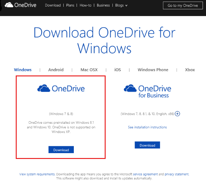 Screenshot to download OneDrive on the home page of OneDrive.