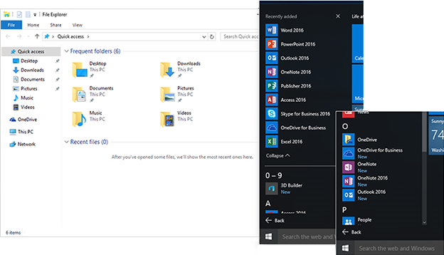 Screenshot shows the views of Windows Explorer and the Start menu, after installing Office 2016 in Windows 10.