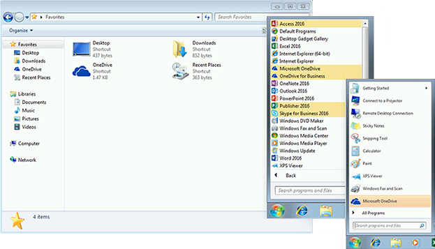 Screenshot shows the views of Windows Explorer and the Start menu, after installing Office 2016 in Windows 7.