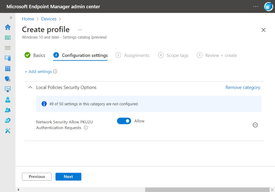 Screenshot showing the Network Security Allow PKU2U Authentication Requests option set to Allow.