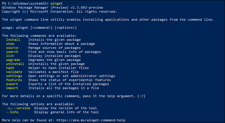 Screenshot of the winget cmdlet output, which shows the program version, syntax, and available options.