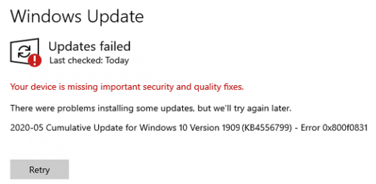 Screenshot of the Windows Update failed error message.