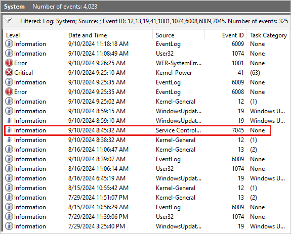 Screenshot shows the System Event ID 7045 highlighted in Event Viewer.