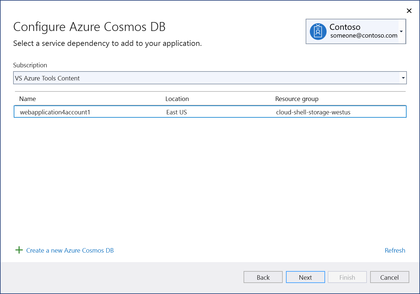 Screenshot showing "Add existing Azure Cosmos DB to project" screen.