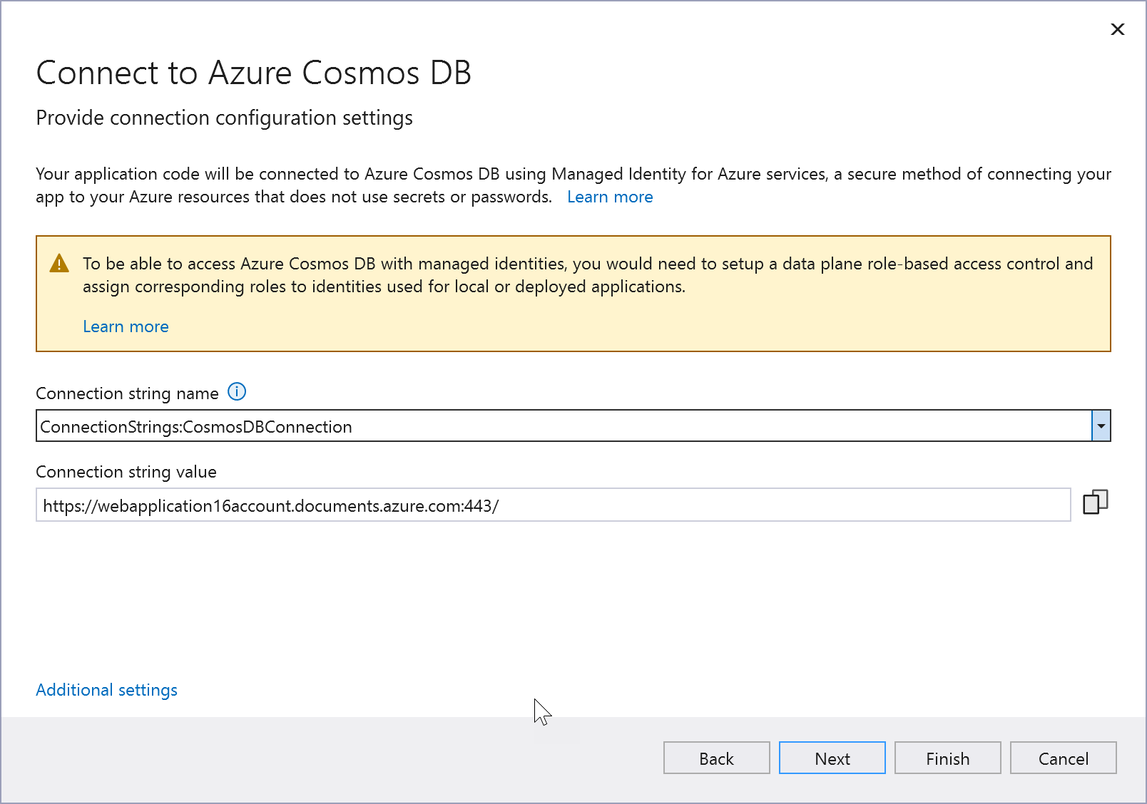 Screenshot showing "Specify connection string" screen.