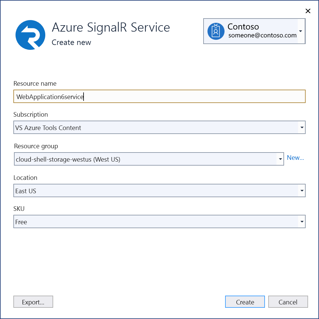 Screenshot showing "New Azure SignalR Service instance" screen.
