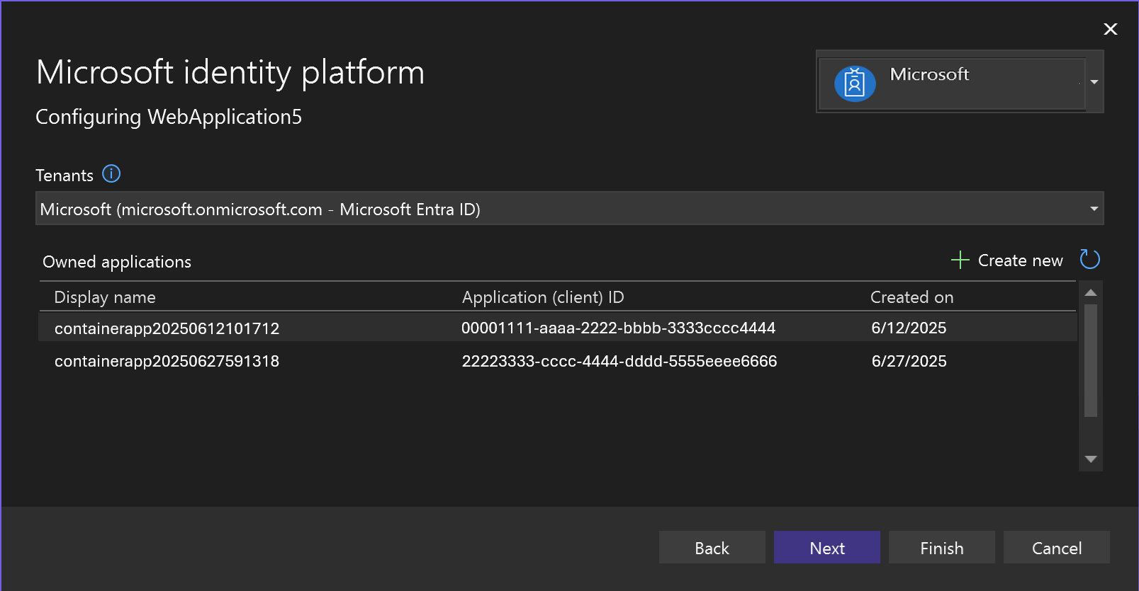 Screenshot showing the list of owned applications.