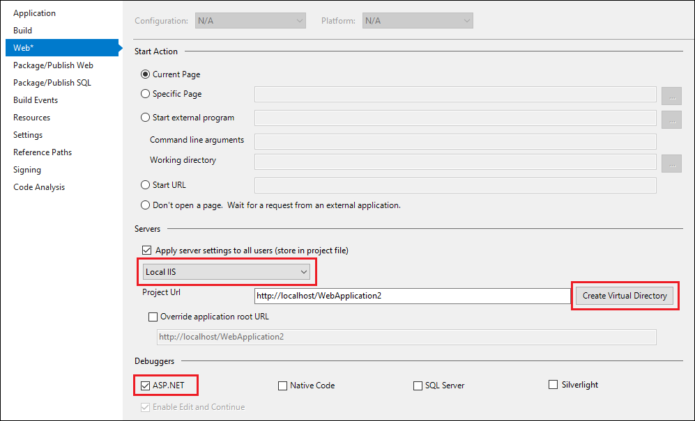 ASP.NET debugger settings Screenshot that shows ASP.NET debugger settings.