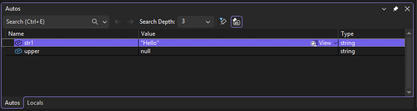Autos window Screenshot that shows the Autos window.