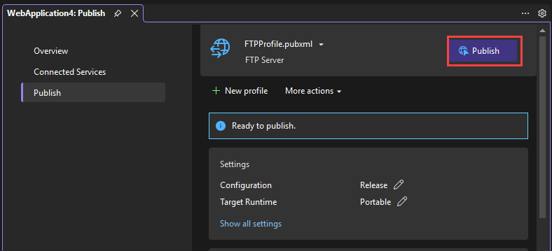 Screenshot showing the completion of the process to publish to FTP or ftps server, summary page.
