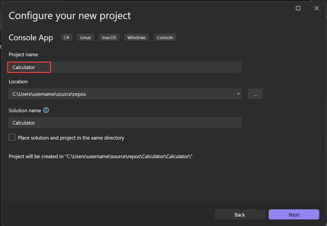 Screenshot that shows how to name your project 'Calculator' in the 'Configure your new project' window in Visual Studio.