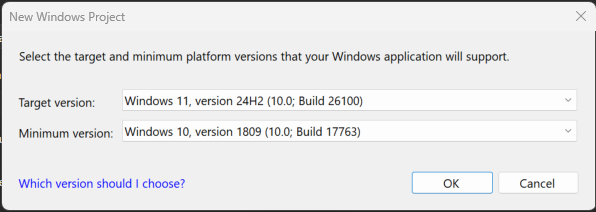 Screenshot of the New Windows Project dialog showing the default Target version and Minimum version settings.