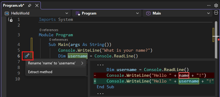 Screenshot that shows the Rename action in Visual Studio.