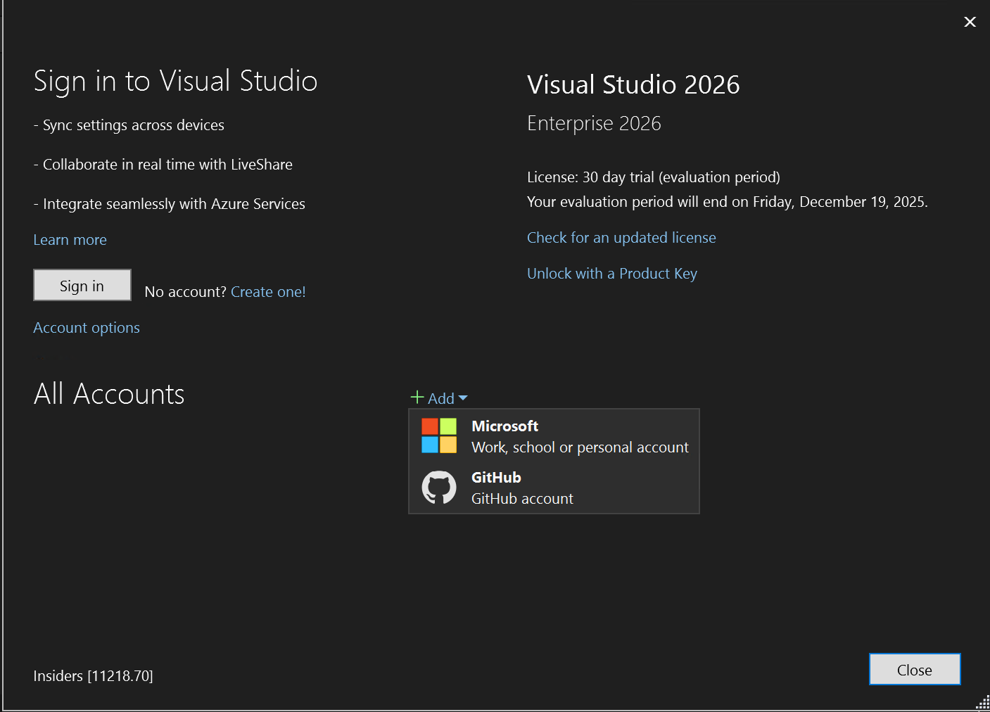 Screenshot showing the Add GitHub account option.