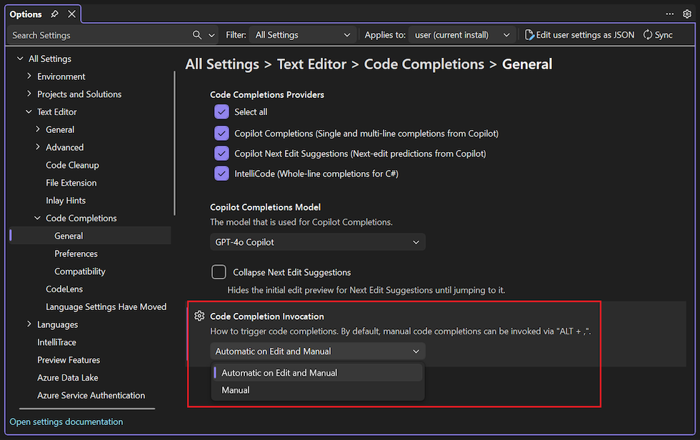 Screenshot shows how to set the code completion invocation option for IntelliCode.