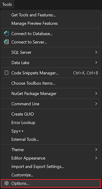 Screenshot of the Tools menu showing the Options item highlighted.