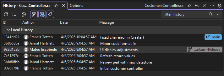 Diagram that depicts changes from the current branch and a child branch with CodeLens.