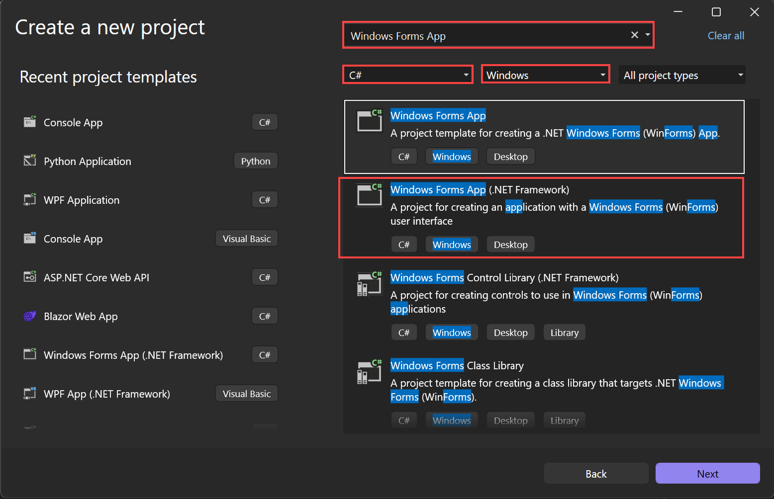 Screenshot that shows the C# template for the Windows Forms App (.NET Framework).