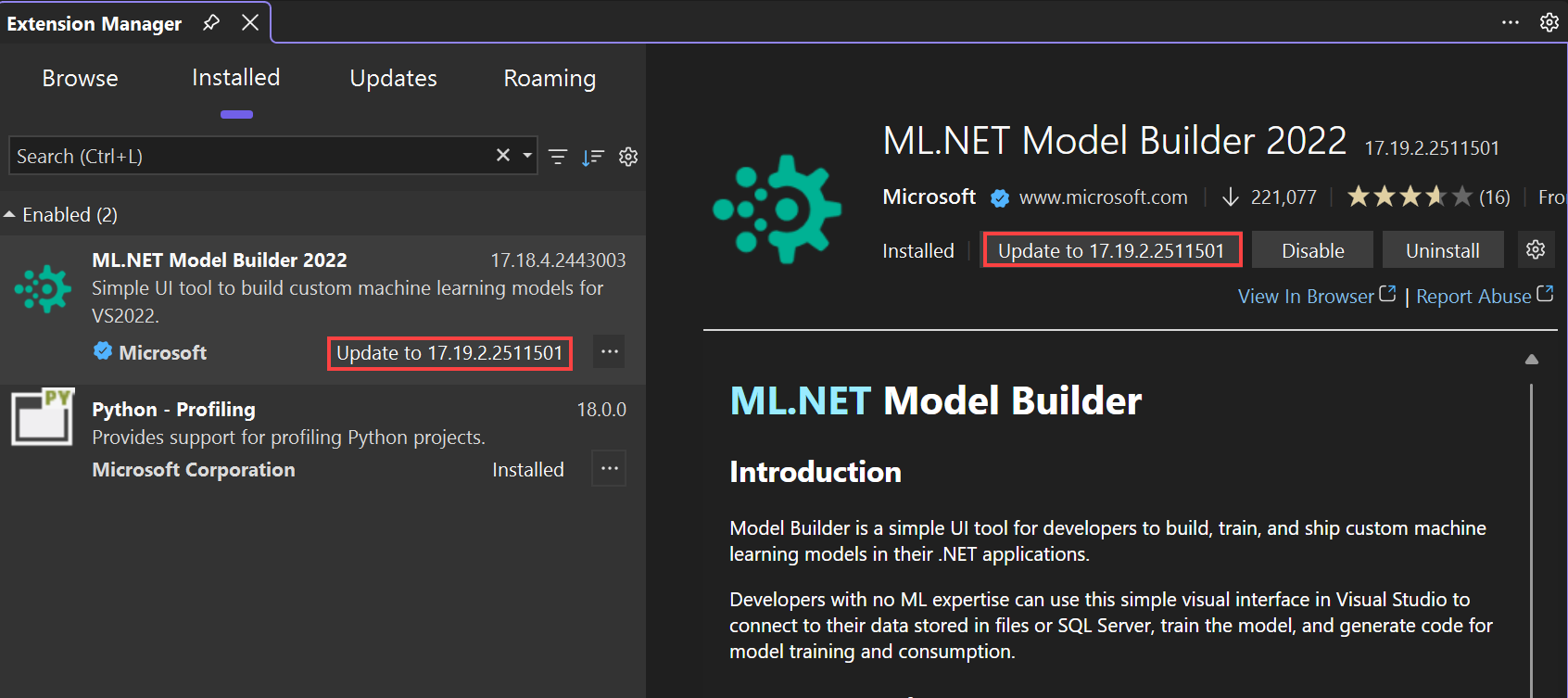 Screenshot that shows how Visual Studio notifies you about extension updates that are available.