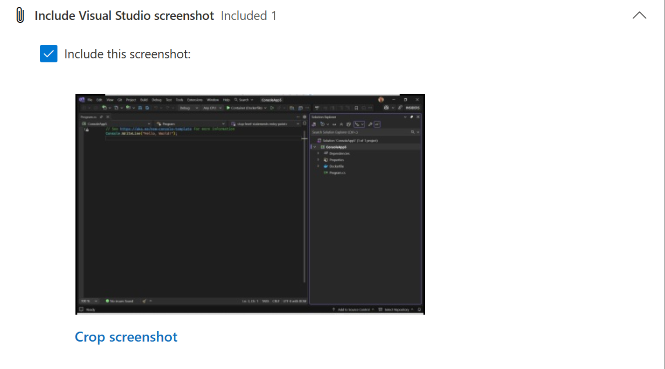Screenshot that shows how to include a screenshot in a ticket.
