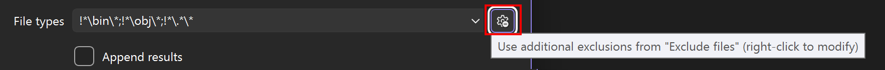 Screenshot showing toggle button for file exclusions.