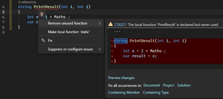 Screenshot that shows the Quick Action recommendation details with the light bulb icon in Visual Studio.
