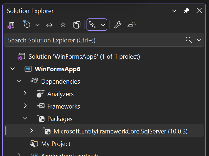 Screenshot of NuGet package in Solution Explorer.